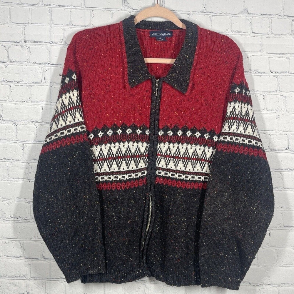 Mountain Lake Cardigan Sweater Large Red Black Nordic Aztec Sweater Chic